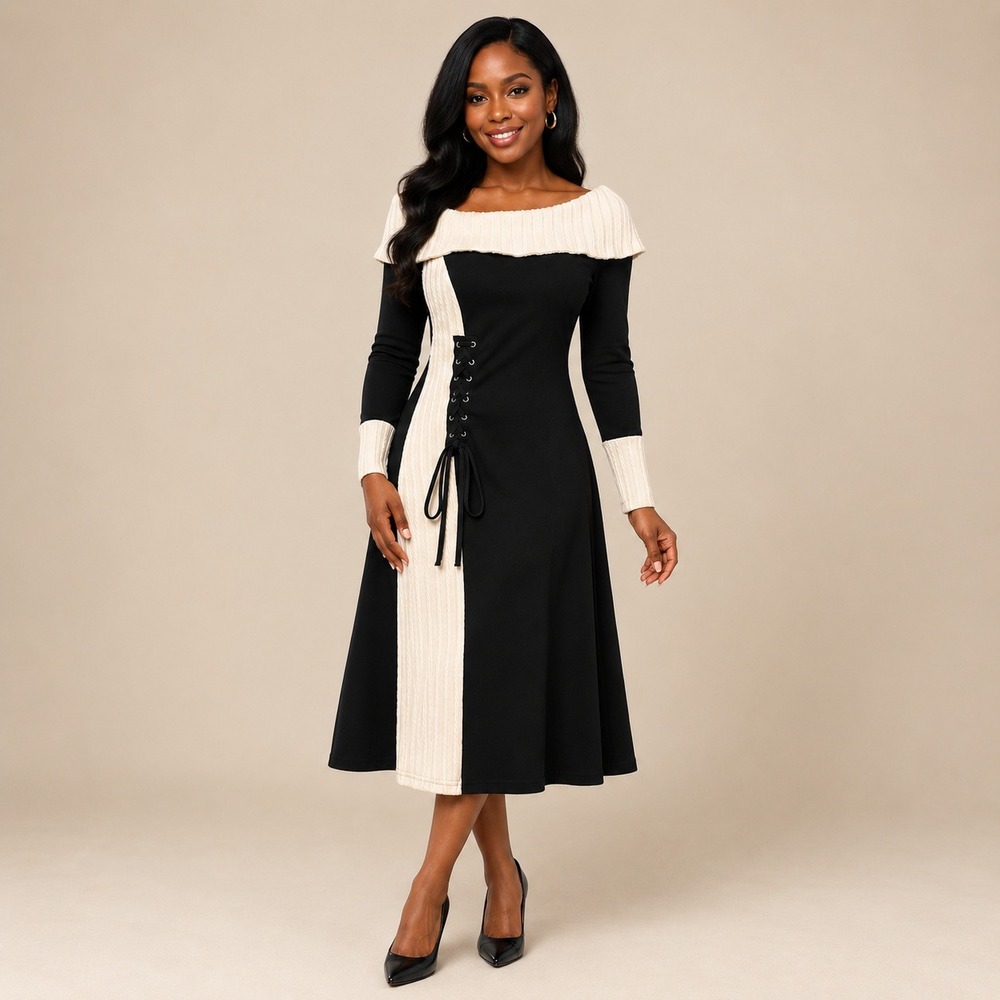 Womens Small Black Cream Off Shoulder Midi Dress Lace Up Colorblock Soft